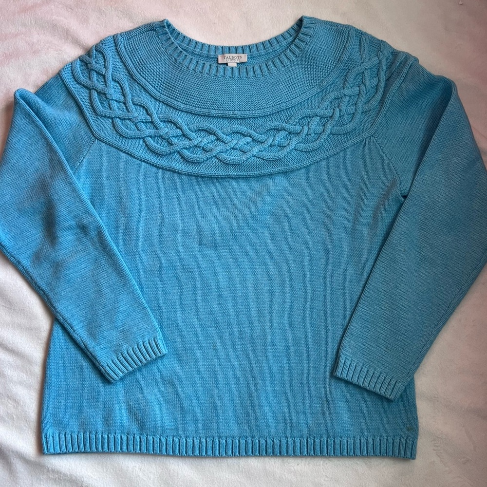 Talbots Light Blue Cable Knit Sweater 100% Cotton